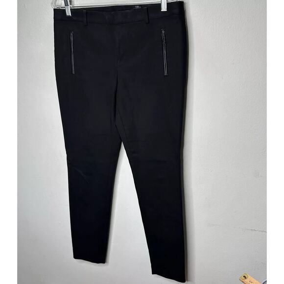 Club Monaco Black Straight Leg Leather Trimmed Zip & Pockets Trouser Pants 10 - Picture 2 of 12